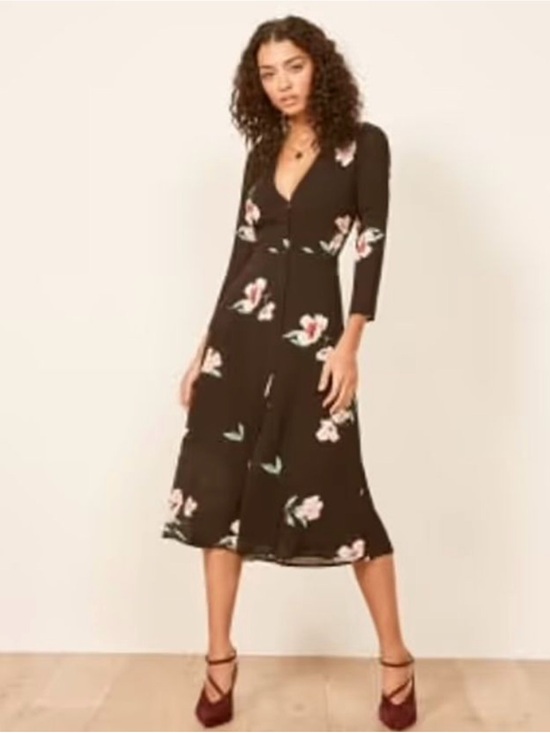 Reformation Dresses & Skirts - Reformation Black Floral V-Neck Midi Dress with Pink Blossoms